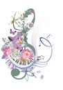 Abstract treble clef decorated with summer and spring flowers, palm leaves, notes, birds. Royalty Free Stock Photo